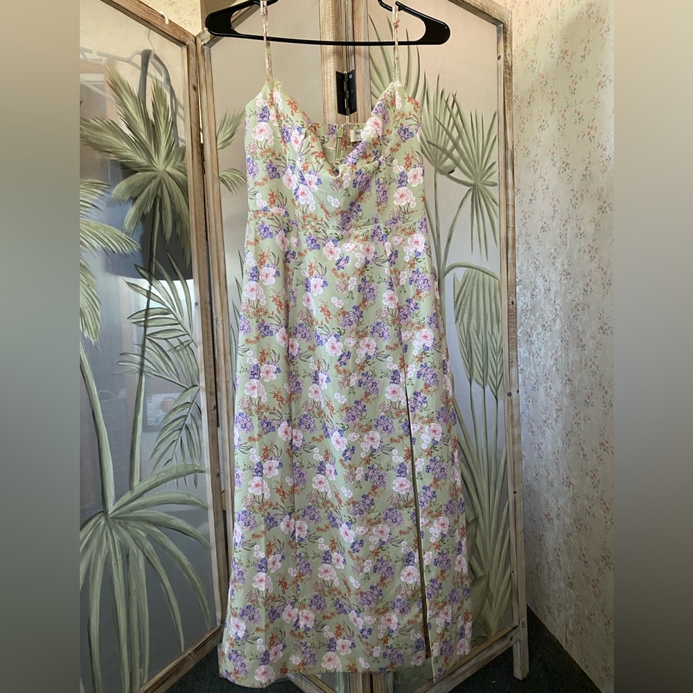 House of CB Green Floral Midi Slip Dress